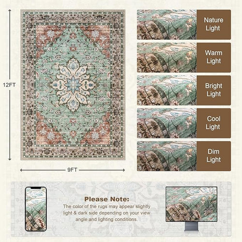 Area Rugs 9x12 Living Room Rug: Washable Rug Soft Vintage Distressed Floral Carpet Indoor Non-Slip Stain Resistant Large Carpets for Bedroom Dining Room Farmhouse Nursery Home Office Brown Green