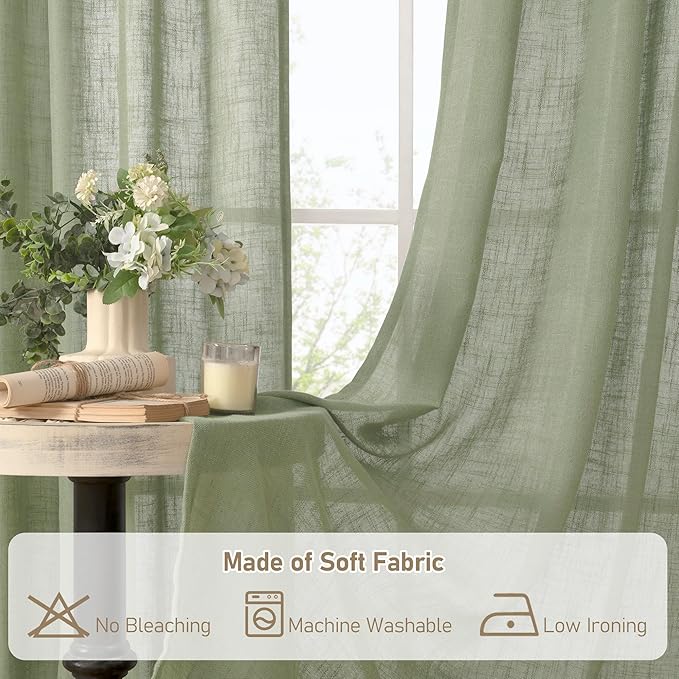 LAMIT Sage Green Linen Curtains for Living Room 108 inch Length 2 Panels, Light Filtering Semi Sheer Panels Back Tab and Rod Pocket Panels for Bedroom/Sliding Glass Door, 52 x 108 Inch