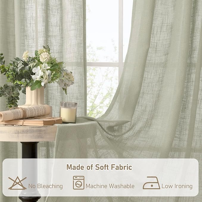 LAMIT Linen Curtains 63 Inch Length 2 Panels, Light Filtering Panels Back Tab and Rod Pocket Neutral Drapes for Bedroom/Window/Living Room, Sage Grey, 34 x 63 Inch