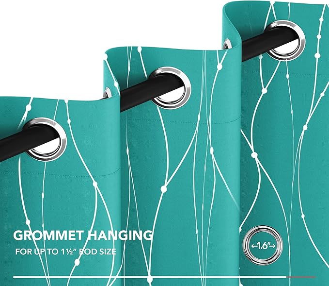 Deconovo Blackout Curtains, Thermal Insulated Soundproof Grommet Drapes, Wave Dots Silver Print, 52 x 63 Inch, Set of 2, Machine Washable Panels for Kitchen Bedroom Living Room Nursery, Turquoise