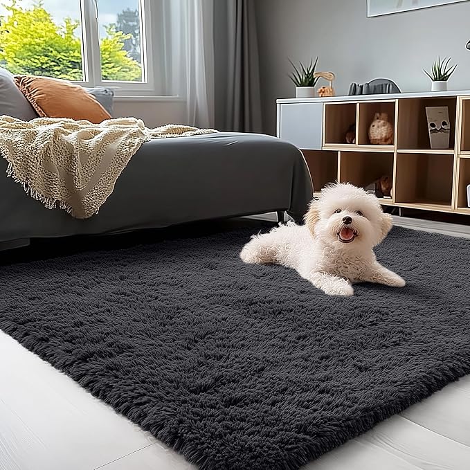 OLANLY 4x11 Area Rugs for Living Room Bedroom, Machine Washable Soft Fluffy Shaggy Bedside Rug, Indoor Floor Carpet for Kids Girls and Boys, Dorms, Nursery Rooms, Home Decor Aesthetic, Black