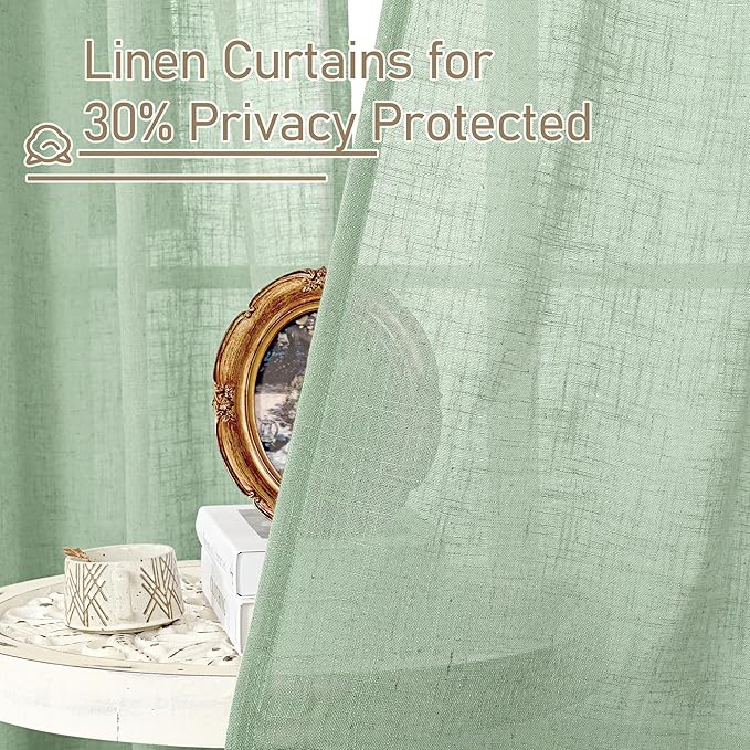 LAMIT Semi Sheer Linen Curtains 45 Inches Long, Light Filtering Panels Back Tab and Rod Pocket Neutral Drapes for Kitchen/Window/Bedroom, Fresh Green, 2 Panels, 52 x 45 Inch