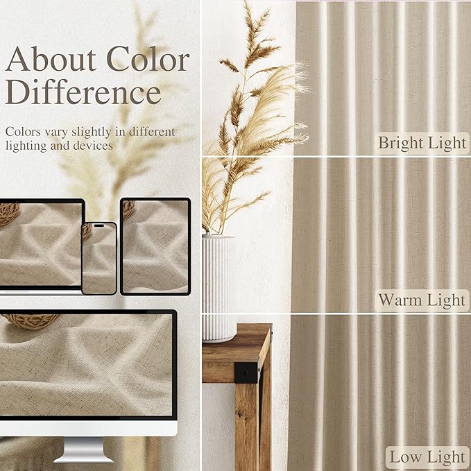 Nanspring Taupe Burlywood Curtains 102 Inches Long for Living Room Linen Light Filtering Rustic Farmhouse Decor Curtains Back Tab Privacy Semi Sheer Curtain for Bedroom Office 52x102, 2 Panels
