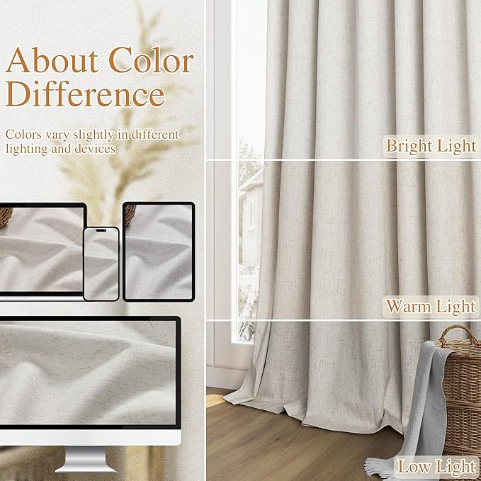 Guken Light Beige 100% Blackout Curtains 112 Inch Length 2 Panels Set Neutral Linen Farmhouse for Bedroom Back Tab Thermal Insulated Black Out Drapes Room Darkening Window Curtain 112 Inches Long