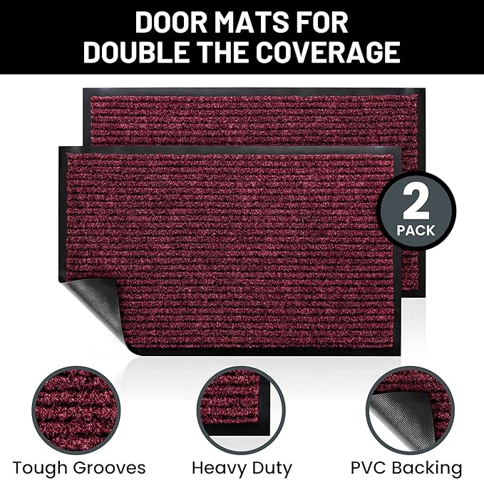 Sierra Concepts Front Door Mat X-Large Welcome Floor Mats - Entryway Indoor Outdoor Entrance Doormat, Patio, Porch, Muddy Dog Shoe, Inside Outside Low Profile 48x36in, 2-Pack Red