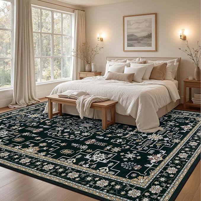 Area Rugs 9x12 Living Room Rug: Washable Rug Soft Vintage Boho Medallion Carpet Indoor Floor Non-Slip Stain Resistant Large Carpets for Bedroom Dining Room Farmhouse Nursery Home Office Black