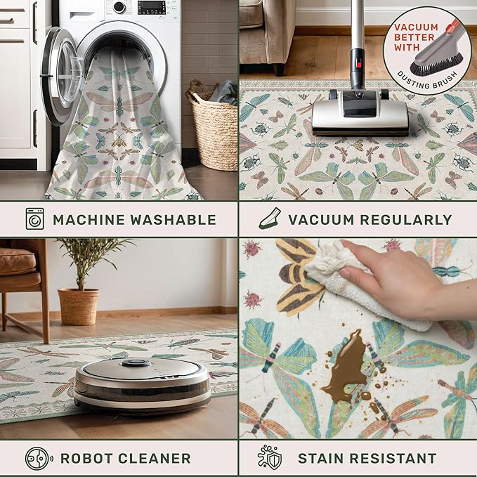 Hazo Haus Boho Bathroom Runners - 2x6 Blue and Green Rug for Kitchen, Entry Way, Non Slip Washable Butterfly Insect Print Home Decor