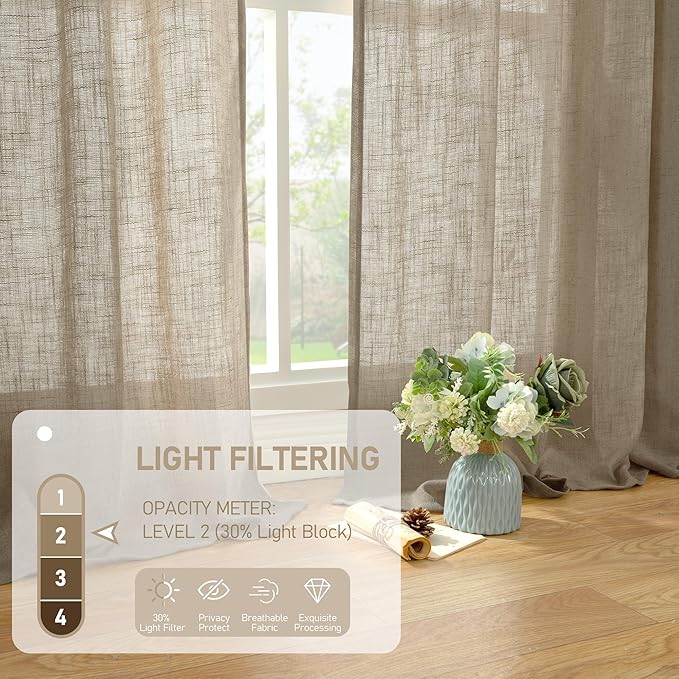 LAMIT Taupe Linen Curtains for Bedroom, 72 Inch Length Light Filtering Semi Sheer Panels Back Tab and Rod Pocket Neutral Drapes for Living Room, 2 Panels, 34 x 72 Inch