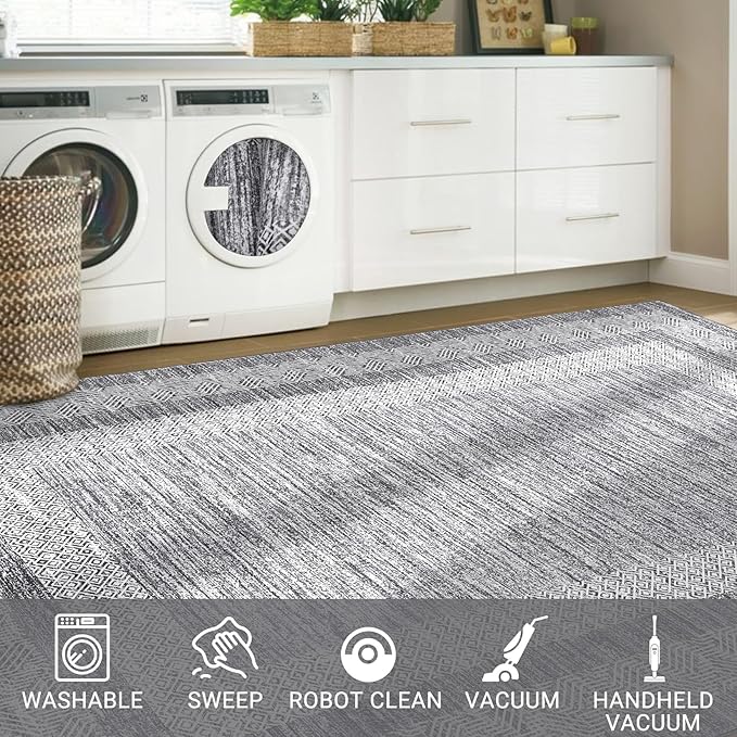 GarveeHome 9x12 Large Modern Gray Area Rug Distressed Bordered Rug Soft Non Shedding Floor Carpet, Geometric Rug, Washable Non Slip Rug, Low Pile Indoor Area Rug for Living Room, Bedroom
