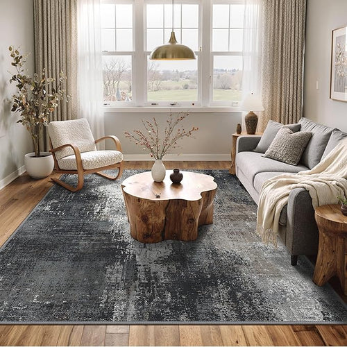 Area Rugs 8x10 for Living Room Bedroom, Modern Abstract Machine Washable Rug, Large Soft Low Pile Floor Carpet with Non Slip Backing for Dining Room, Black