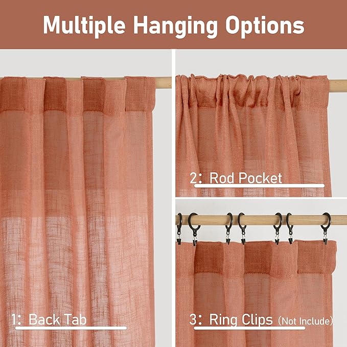 LAMIT 54 Inch Semi Sheer Window Linen Curtains, Light Filtering Panels Back Tab and Rod Pocket Neutral Drapes for Bedroom/Living Room, Terracotta, 2 Panels, 34 x 54 Inch