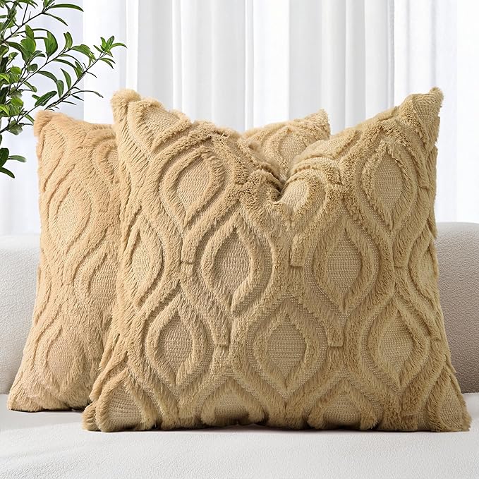decorUhome Throw Pillow Covers 16x16 Inch Set of 2, Soft Plush Faux Wool Khaki Solid Couch Pillow Covers, Accent Farmhouse Neutral Square Pillow Cases for Sofa Bed Living Room