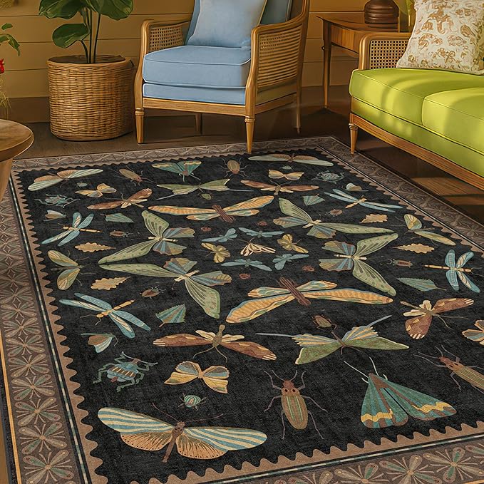 Washable 5x7 Black Rug for Living Room - Foyer Rugs for Entryway, Bedroom, Home Office, Gothic Witchy Insect Bug Floral Retro Indoor Décor