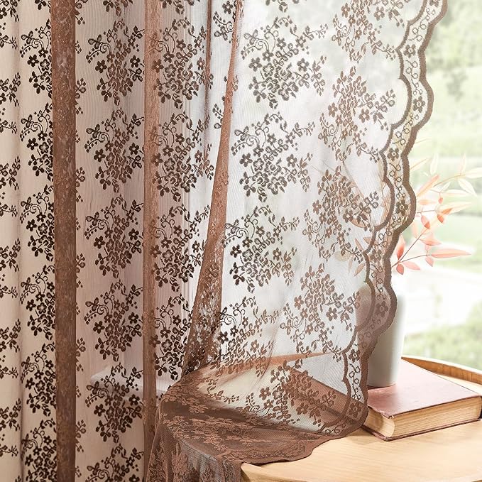 YJ YANJUN Vintage Lace Curtains 54 Inch Length-Brown Kitchen Curtains for Small Window, Victorian Floral Pattern, Light Filtering Voile Sheer Panels for Bedroom Bathroom 52" W x 54" L 2 Panels
