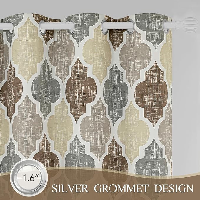 Beauoop 100% Blackout Curtains 90 Inches Long 2 Panels for Bedroom Living Room Brown Grey Moroccan Geo Room Darkening Thermal Insulated Soundproof Grommet Top Window Treatments Drapes, 50x90 Set of 2