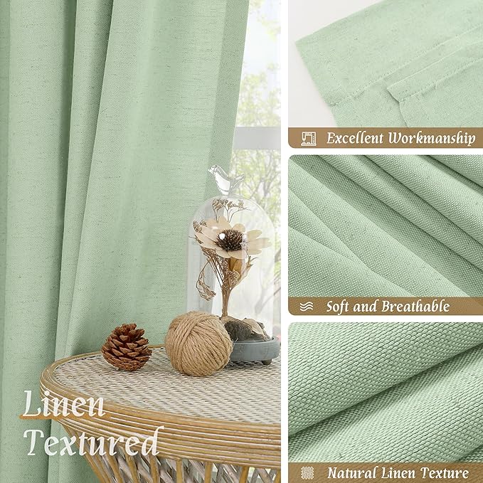 LAMIT Natural Linen Curtains for Bedroom, 72 Inch Faux Linen Textured Light Filtering Drapes Rod Pocket Window Treatment Panels for Living Room, Set of 2 Panels, 52 x 72 Inch, Light Green