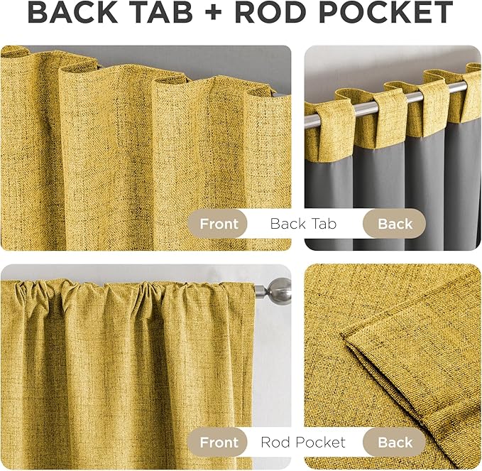 Joydeco Blackout Curtains for Bedroom - 100% Light Blocking 2 Panels Set Yellow Drapes 42" W x 63" L, Thermal Insulated Room Darkening Curtains, Linen Textured for Living Room, Rod Pocket & Back Tabs