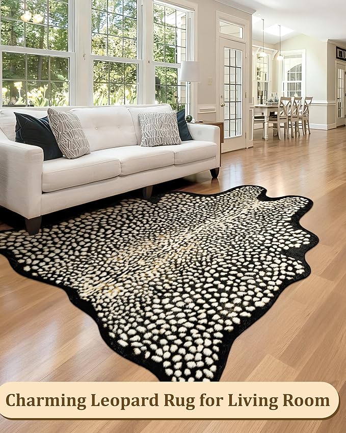 Leopard Print Rug for Living Room, Cheetah Rug 6.2x8.2 Faux Animal Print Skin Cheetah Area Rug for Bedroom Nursery Animal Fur Hide Irregular Shaped Rustic Antelope Black