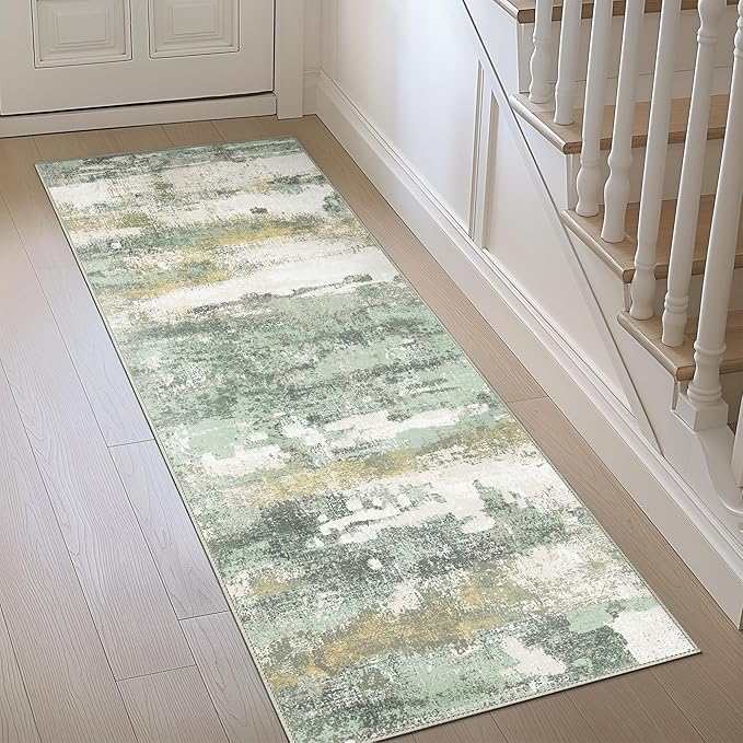 BEIMO Runner Rug for Hallway Kitchen, 2'6"x10' Machine Washable Runners Rug for Entryway, Soft Modern Abstract Throw Rugs, Low Pile Floor Cover with Non Slip Backing, Light Green