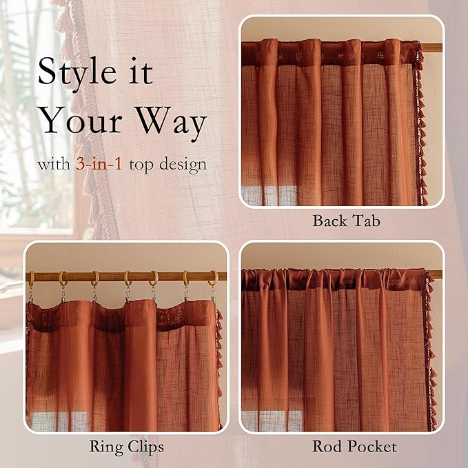 MYSKY HOME Bohemian Macrame Curtains 84 Inches Long for Living Room,Semi Sheer Light Filtering Privacy Drapes Farmhouse Coutry Home Decor for Bedroom, 50" W×84" L, Terracotta, 2 Panels