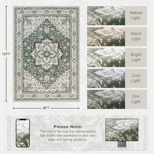 Area Rugs 9x12 Living Room Rug: Washable Rug Soft Vintage Boho Medallion Carpet Indoor Non-Slip Stain Resistant Large Carpets for Bedroom Dining Room Farmhouse Nursery Home Office Green Ivory