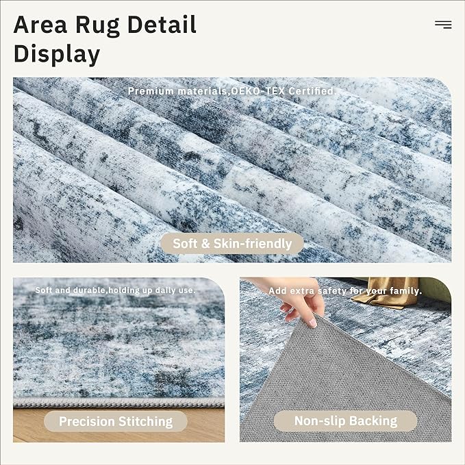 Soalmost 2x3 Abstract Washable Rugs for Kitchen, Floor, Entryway, Powder Room Small Area Rug Non-Slip Vintage Rug Low Pile Throw Door Mat Blue