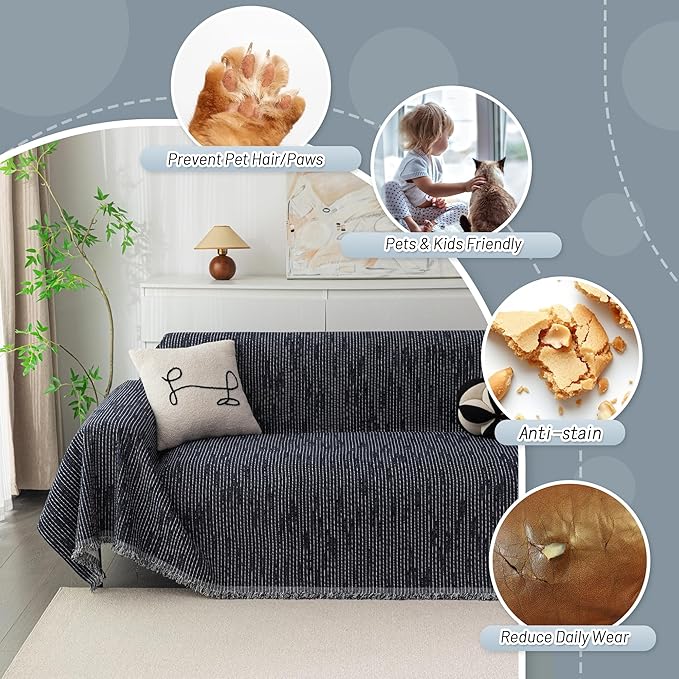 MYSKY HOME Couch Covers for 2 Cushion Couch Sectional Sofa, L Shape Sofa Protector Navy Chenille Couch Cover, Sofa Covers Washable Blanket with Tassel Pet Couch Cushion Cover, 71"X102"
