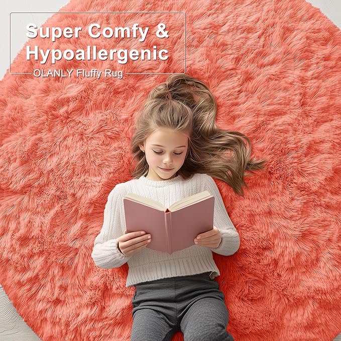OLANLY Coral Red Round Rugs for Bedroom - Machine Washable, 6 ft Circle Area Rugs for Living Room, Soft and Fluffy Shaggy Carpet for Teen Girl and Boys, Nursery Rooms, Dorms, Home Decor Aesthetic