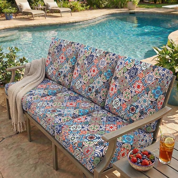 hyha Printed Couch Cushion Covers, Floral Sofa Covers Washable for 3 Cushion Couch, Stretch Pattern Outdoor Cushion Covers for Patio Furniture with Elastic Bottom(Large, Patchwork Moroccan)
