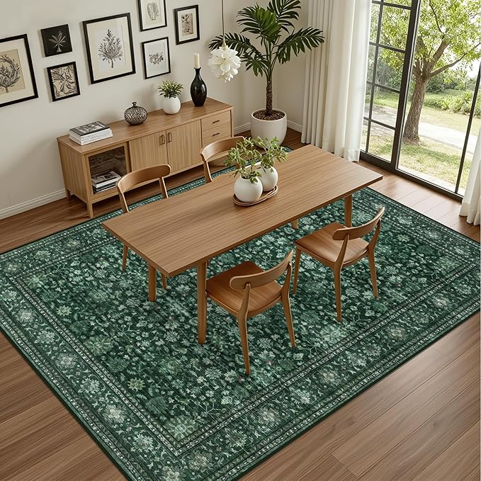 8x10 Area Rugs for Living Room: Washable Rug Soft Vintage Distressed Floral Carpet Indoor Non-Slip Stain Resistant Large Carpets for Bedroom Dining Room Farmhouse Nursery Home Office Deep Green