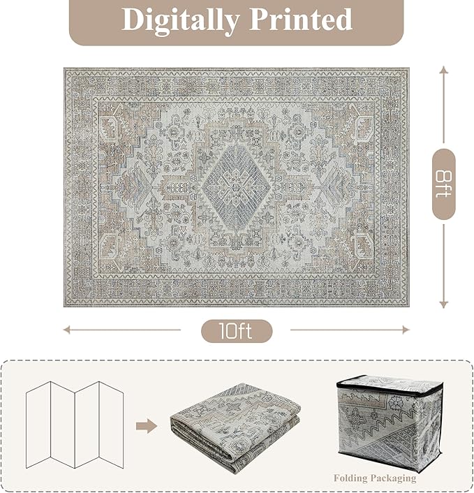 Machine Washable Area Rugs 9x12 Living Room Retro Rugs- Ultra Soft Low Pile Large Rugs for Bedroom,Dining Room,Non Slip Vintage Accent Carpet for Farmhouse Home Office- Family & Pet Friendly