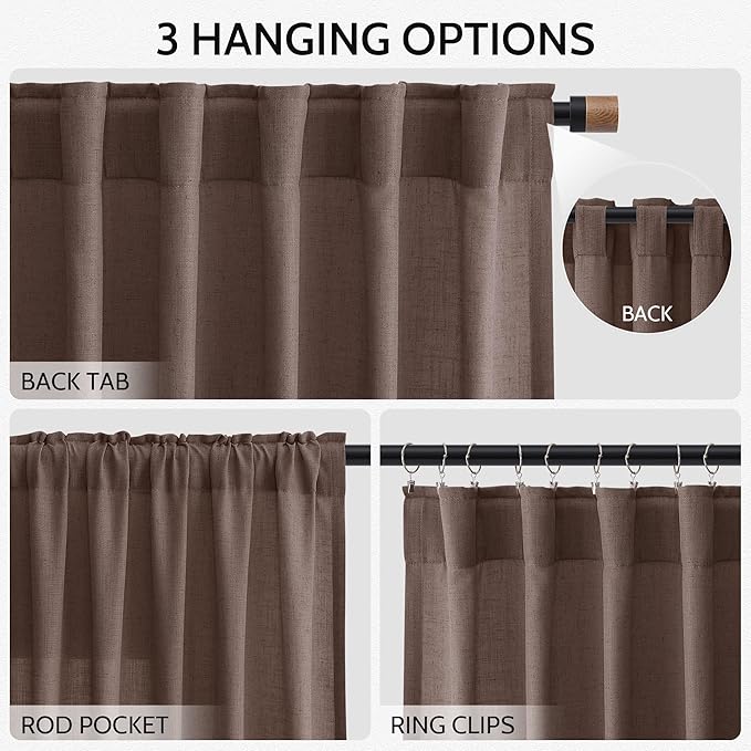 Cappuccino Linen Curtains 90 Inch Long 2 Panels Set for Bedroom Living Room, Soft Linen Textured Window Drapes Semi Sheer Light Filtering Rod Pocket Back Tab Morden Style 52x90