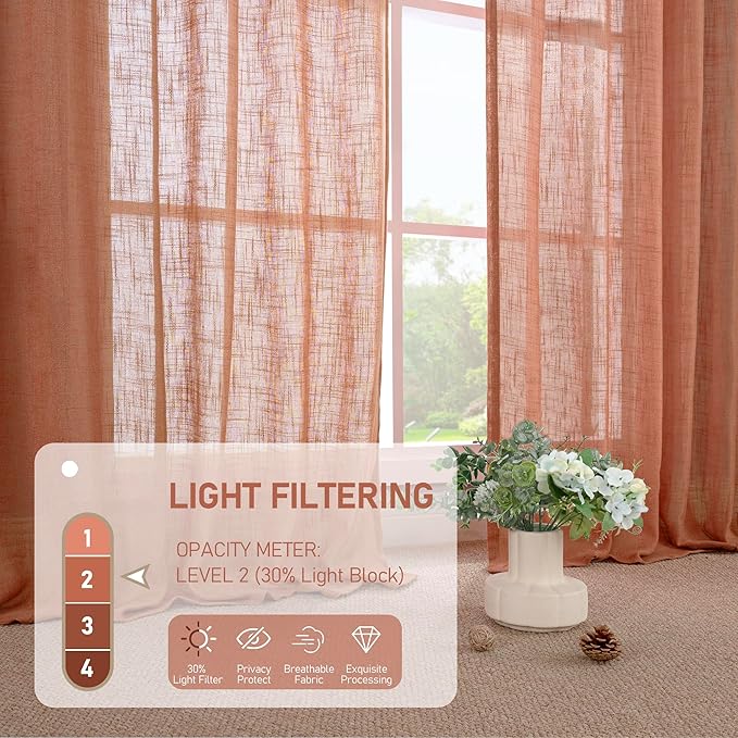 LAMIT 60 Inch Length Window Linen Curtains, Light Filtering Panels Back Tab and Rod Pocket Neutral Drapes for Bedroom/Living Room, Terracotta, 2 Panels, 34 x 60 Inch