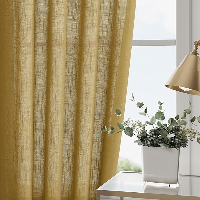Nanspring Gold Linen Curtains 84 Inch Length 2 Panels Set for Living Room Rod Pocket Back Tab Light Filtering Window Drapes for Bedroom Dining Room Protect Privacy Modern Farmhouse Decor 52x84