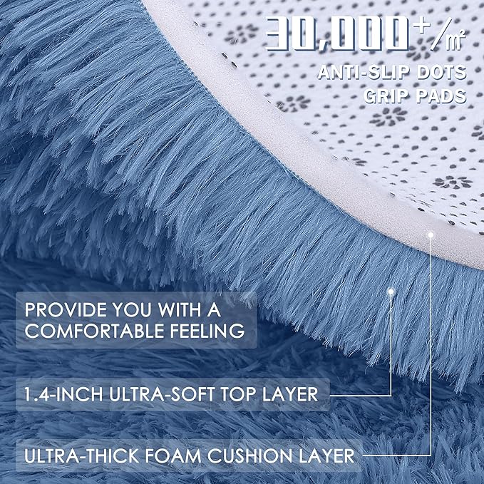 OLANLY 3x5 Machine Washable Small Bedside Rug, Soft Fluffy Shaggy Rugs for Living Room, Bedroom, Indoor Floor Carpet for Kids Girls and Boys, Preppy Dorms, Nursery, Home Decor Aesthetic, Blue