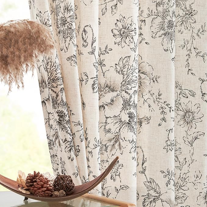 jinchan Floral Linen Lined Curtains for Living Room 84 Inches Long Farmhouse Printed Back Tab Drapes French Country Black Peony Patterned Bedroom Window Curtains Set 2 Panels