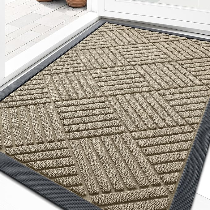 OLANLY Front Door Mat Outside Entrance 33x21, Absorbent, Heavy Duty Sturdy Natural Rubber Doormat Indoor Outdoor, Stain and Fade Resistant, Non-Slip Low Profile Floor Mat for Entryway, Beige Diamond