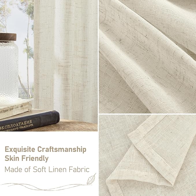 LAMIT Light Filtering Linen Curtains 84 inches Long for Bedroom, Cream Ivory Linen Textured Semi Sheer Back Tab and Rod Pocket Natural Boho Drapes for Living Room, 2 Panels, 42 x 84 Inch