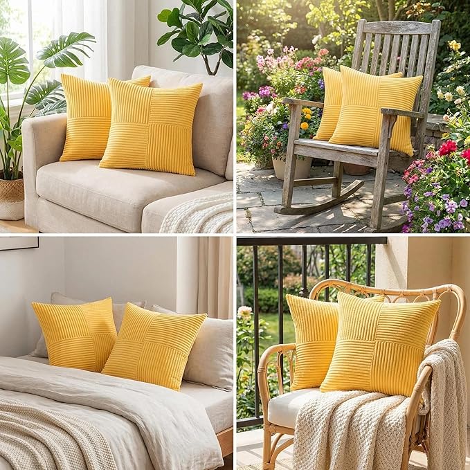 Fancy Homi 2 Packs Yellow Big Decorative Throw Pillow Covers 24x24 Inch for Couch Bed Sofa, Rustic Farmhouse Boho Home Decor, Soft Corss Corduroy Patchwork Accent Square Cushion Case 60x60 cm