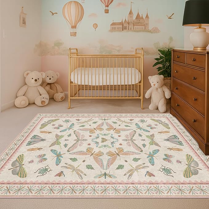 3x5 Flower Area Rug for Girls Bedroom - Washable Light Pink Large Entryway Rug for Laundry Room, Kitchen, Bedroom, Dorm, Insect Print Vintage Floral Non-Slip Throw Rug Low Pile Stain Resistance