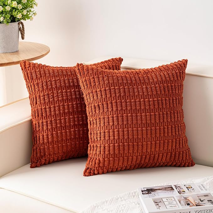 Pack of 2 Corduroy Decorative Throw Pillow Covers 18x18 Inch Fall Soft Striped Pillow Covers Modern Farmhouse Home Decor for Sofa Living Room Couch Bed(Rust)