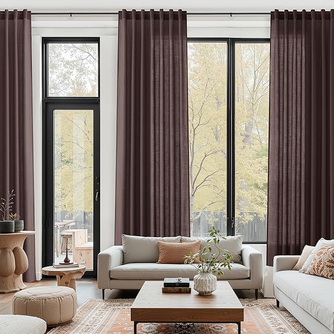 Coffee Brown Linen Curtains for Living Room 98 Inches Long Light Filtering Semi Sheer Curtain Back Tab Rod Pocket Luxury Modern Rustic Home Decor Neutral Drapes for Bedroom Dinner Room 52x98, 2 Panels