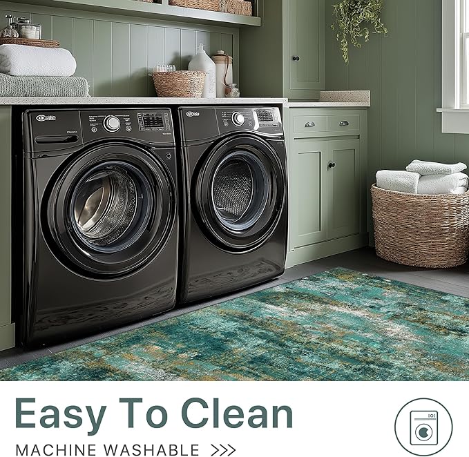 Runner Rug for Hallway Kitchen, 2x6 Machine Washable Runners Rug for Entryway, Soft Modern Abstract Throw Rugs, Low Pile Floor Cover with Non Slip Backing, Turquoise