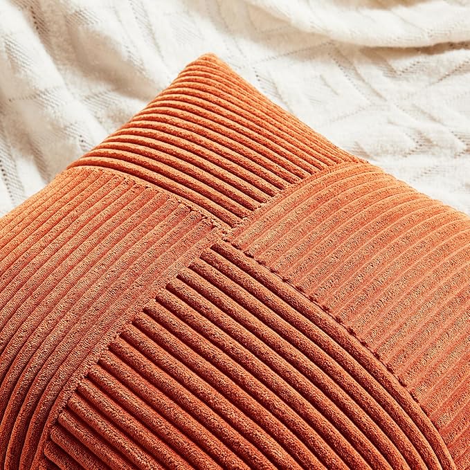 Fancy Homi 2 Packs Burnt Orange Lumbar Decorative Throw Pillow Covers 20x28 Inch for Living Room Couch Bed Sofa, Farmhouse Boho Home Decor, Soft Striped Corduroy Rectangle Accent Cushion Case 50x70 cm