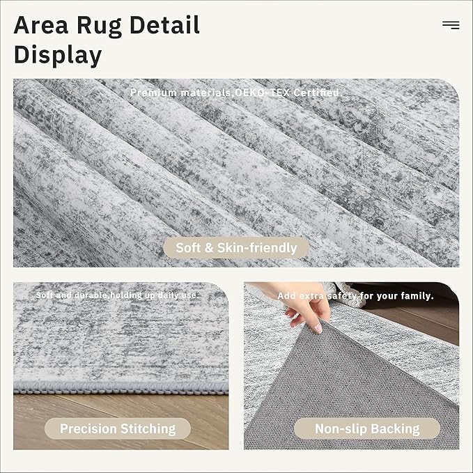 Washable Runner Rug, 2'6" x 8' Non-Slip Kitchen Vintage Foldable Hallway Runners for Entryway, Laundry, Bedroom, Grey