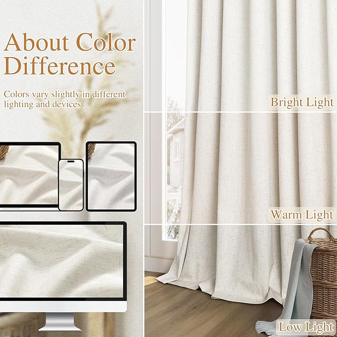 Cream 100% Blackout Linen Curtains 120 Inch Length 2 Panels Set for Living Room Bedroom Back Tab Thermal Insulated Black Out Drapes Room Darkening Farmhouse Style for Bedroom Window Curtains 52x120