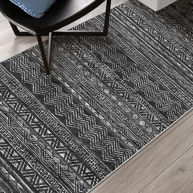 3x15 Washable Kitchen Runner Rug: Modern Moroccan Runners for Hallway Soft Non Slip Rugs with Rubber Backing Low Pile Thin Waterproof Floor Carpet for Entryway Bedroom Bathroom Indoor 3x15 Black