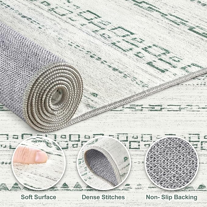 Nakagishi Green Rug Living Room Rugs: 7x9 Washable Boho Large Neutral Soft Farmhouse Stain Resistant Modern Non Slip Indoor Floor Carpet for Bedroom Nursery Kids Playroom Office Dining Room Home