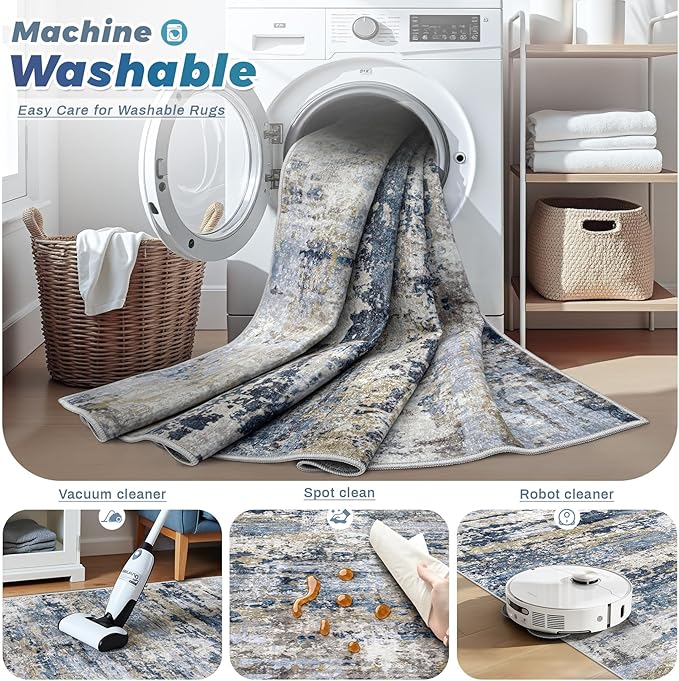pmtsns Area Rugs 9x12 for Living Room: Washable Rug Modern Abstract Neutral Soft Non-Slip Low-Pile Indoor Large Carpet for Bedroom Dining Room Playroom Home Office (Blue Grey Brown, 9'x12')