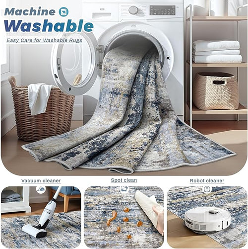 Area Rugs 10x14 Living Room: Washable Rug Modern Abstract Neutral Soft Non-Slip Low-Pile Indoor Large Carpet for Bedroom Dining Room Playroom Home Office (Blue Grey Brown, 10'x14')